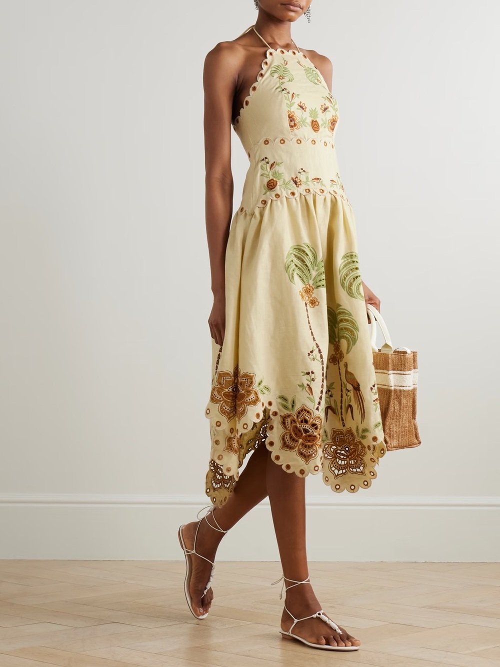 NWT Farm Rio Delicate Forest Linen Halter Eyelet Midi Dress - Picture 2 of 15